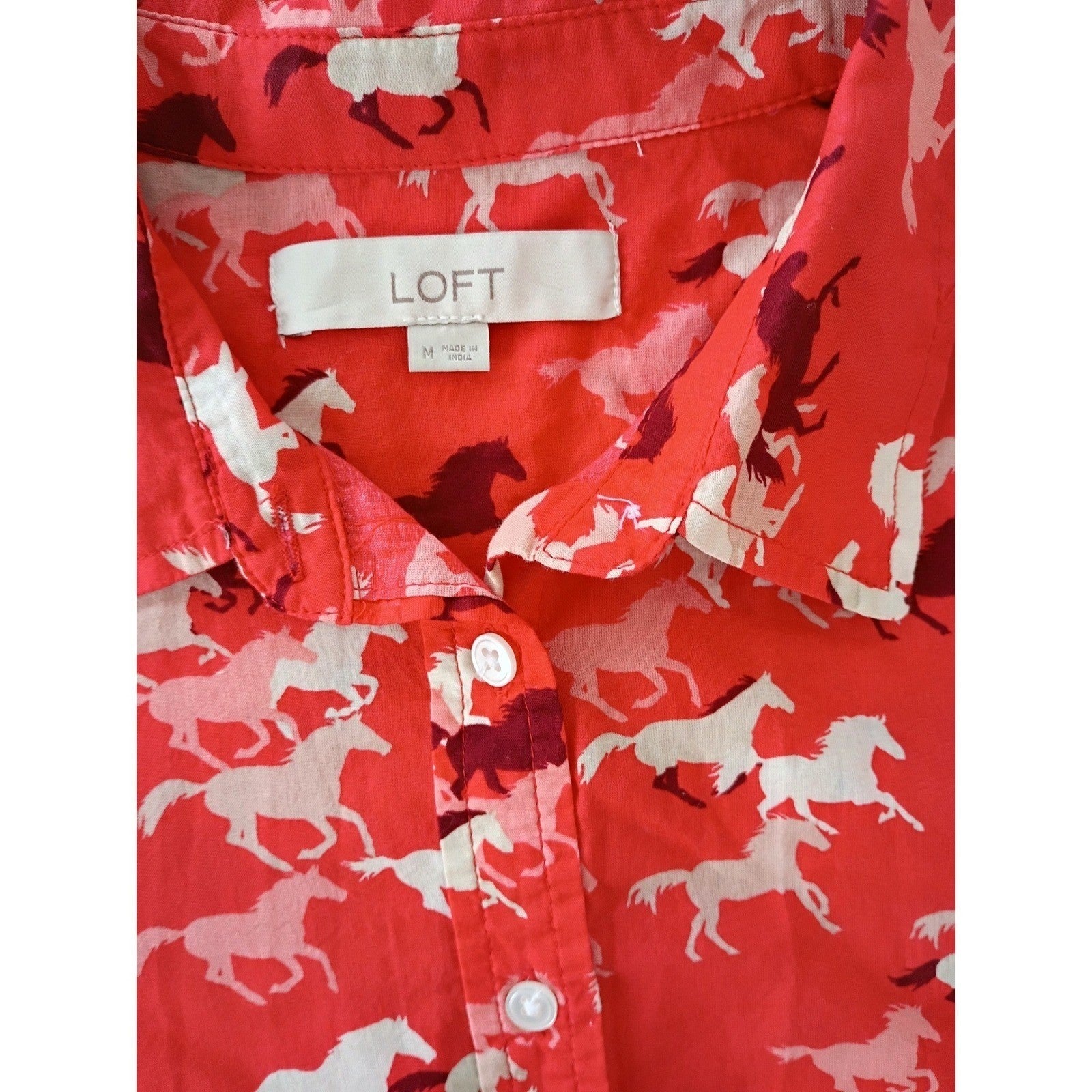 LOFT $60 Red Horse Equestrian Print Cotton Shirt Medium M Long Sleeve Preppy