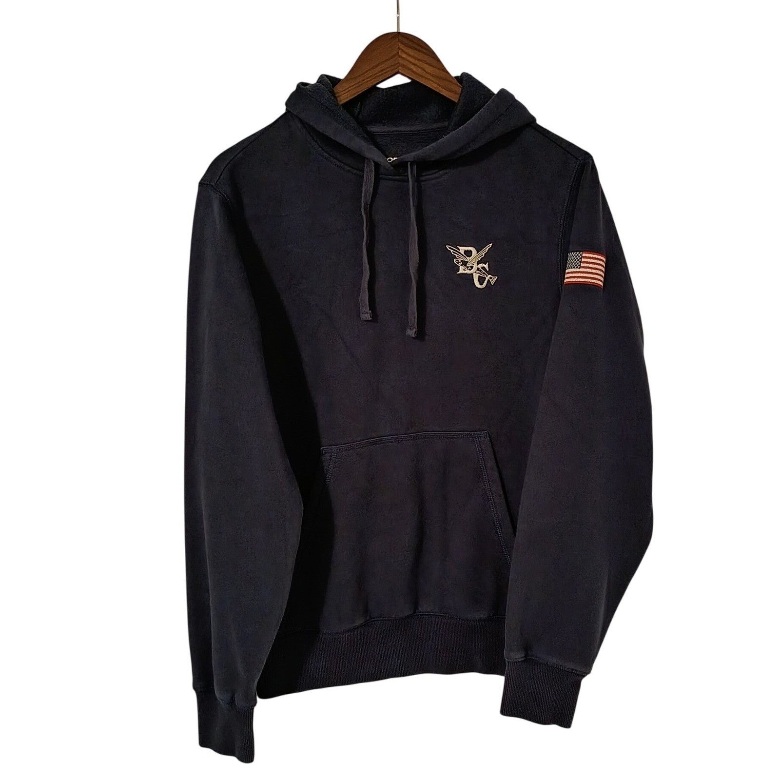 SPORT TEK Navy Bllue Cotton Fleese Logo American Flag Hoodie Sweatshirt Mens S