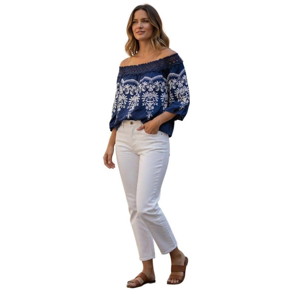 Flying Tomato Navy 100% Cotton Embroidered Crochet Off Shoulder Boho L