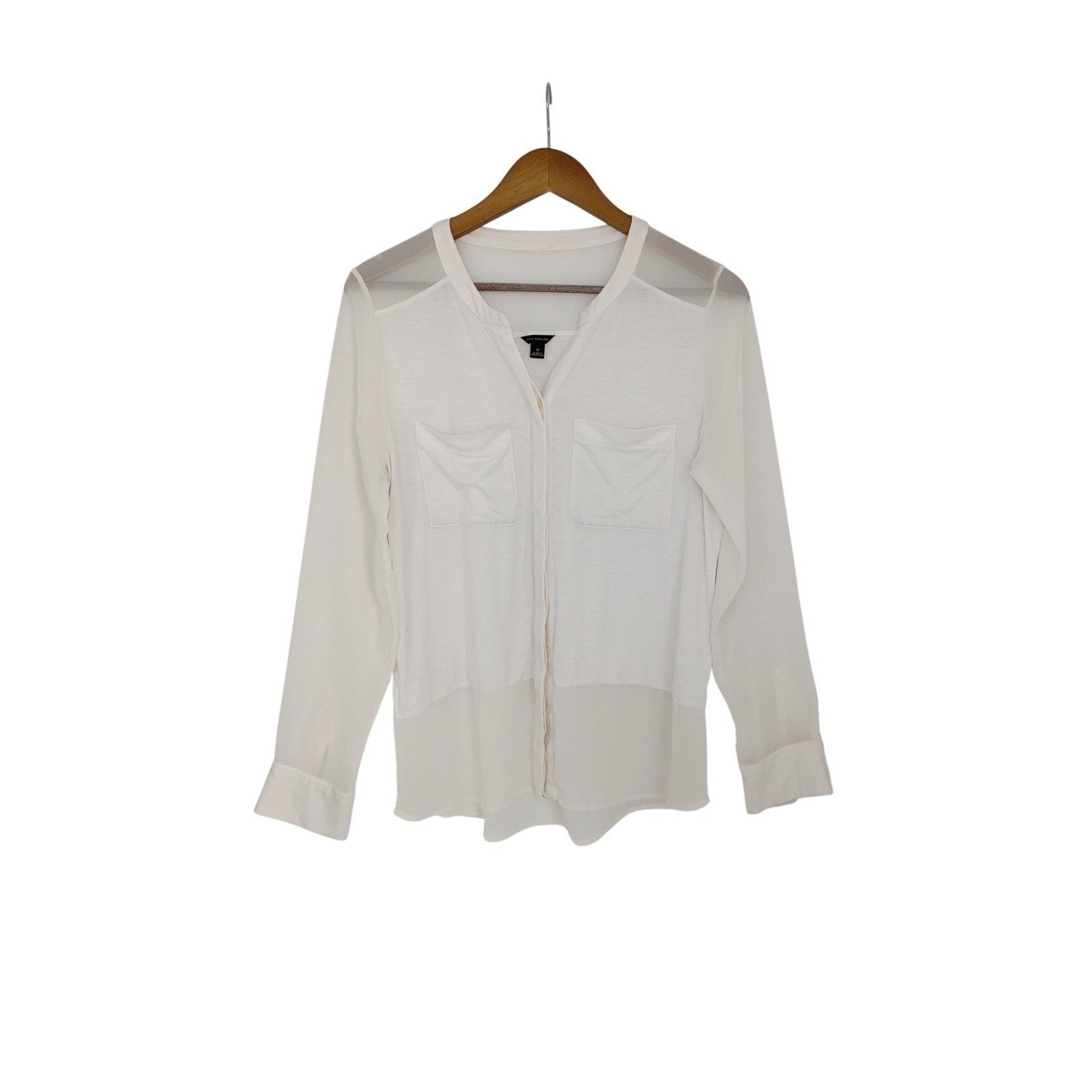 Ann Taylor White Sheer Panel Button Front Blouse Top Size M