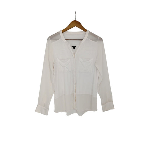 Ann Taylor White Sheer Panel Button Front Blouse Top Size M