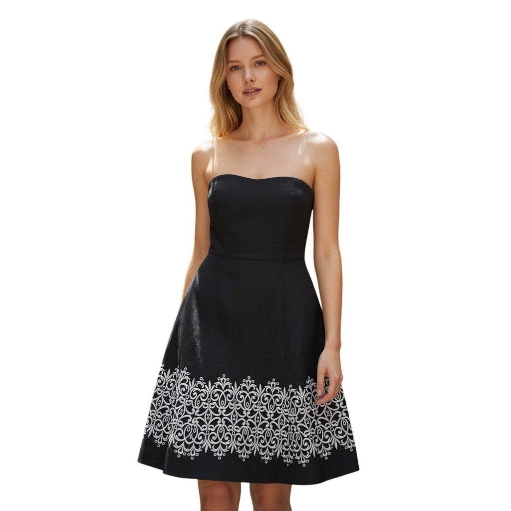 Ann Taylor Navy Blue Strapless Embroidered A-Line Dress Small 100% Cotton Summer