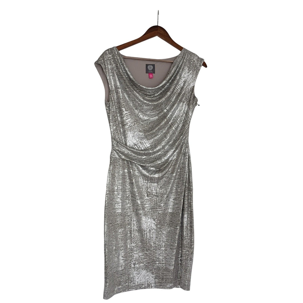 Vince Camuto Metallic Sheen Sheath Dress Silver Ruched Statement Dress M NWOT