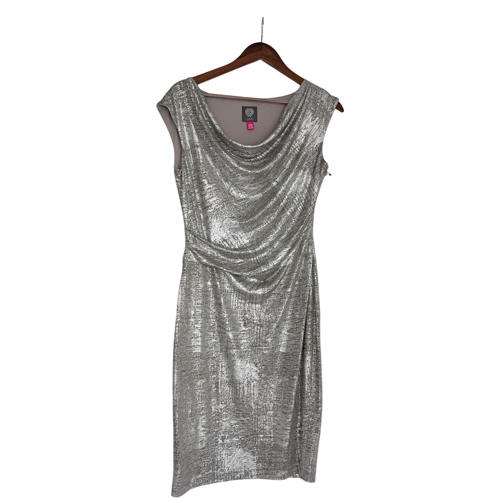 Vince Camuto Metallic Sheen Sheath Dress Silver Ruched Statement Dress M NWOT