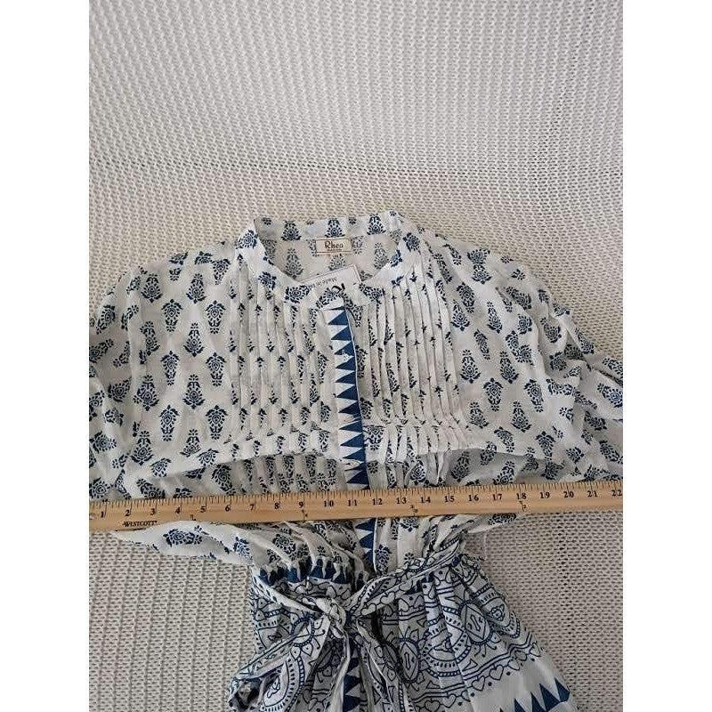 RHEA Blue White Block Print 100% Cotton Blouse L/XL Boho Bell Sleeve Tie Artisan