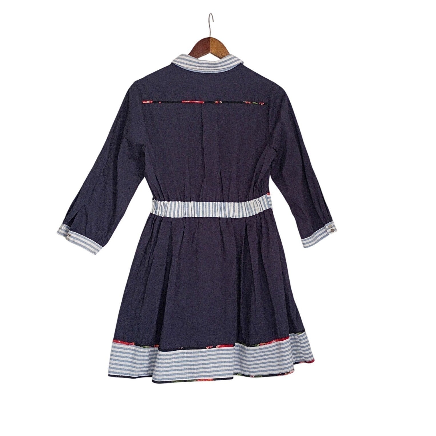 VTG Navy Blue Pleated Shirt Dress Striped Floral Trim Cowgirl Cottagecore