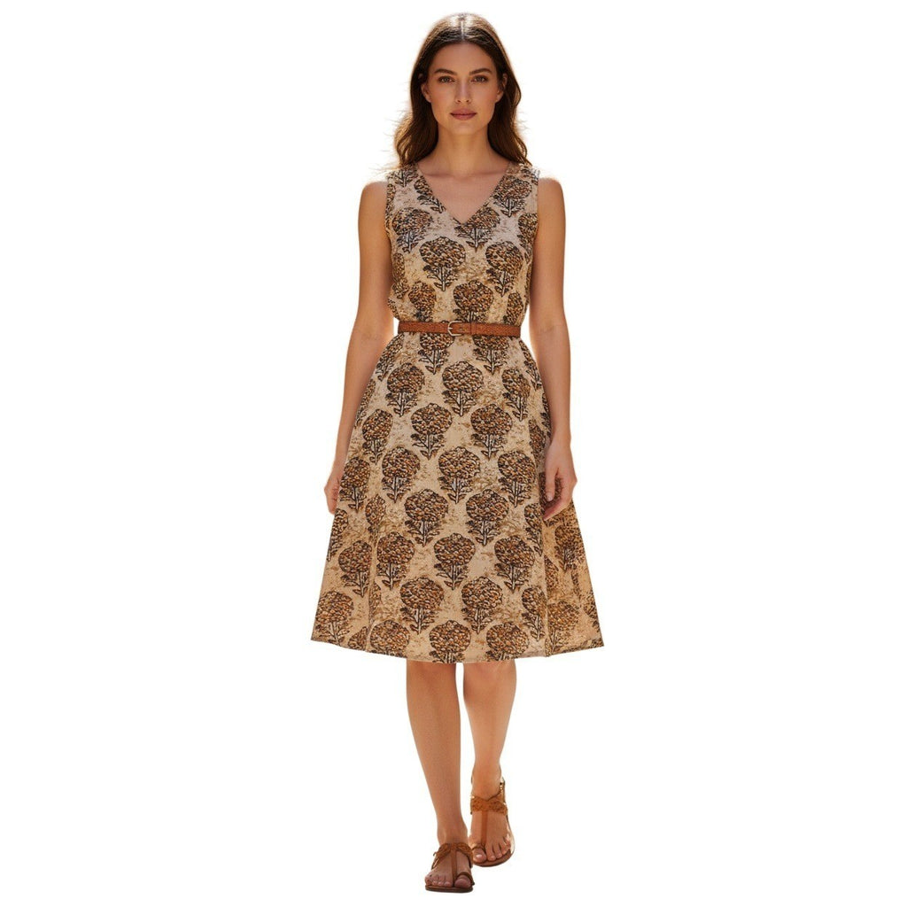 NWT RHEA Earthy Tan Orange Floral Tree Shift Dress S/M Artisan Boho Viscose