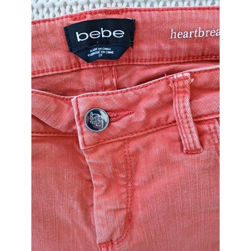 Bebe Heartbreaker Skinny Jeans 29x28 Coral Ornge Distressed Shredded Y2K McBling