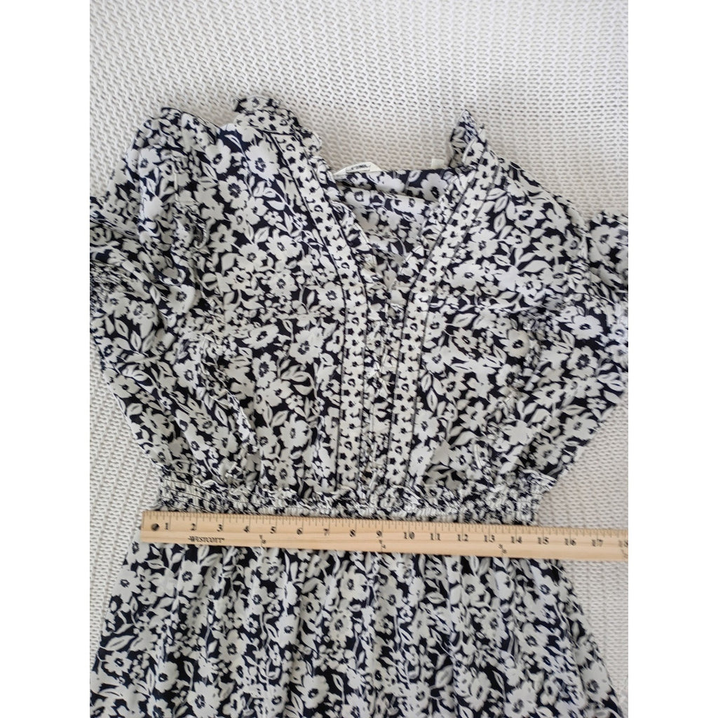 Max Studio London Black White Floral Smocked Waist Tiered Midi Dress Medium