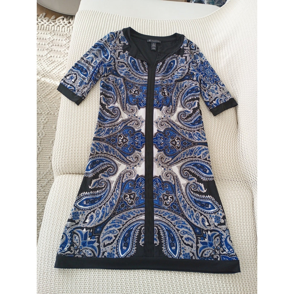 INC International Concepts Paisley Print Zipper Front Dress Womens M Blue Black