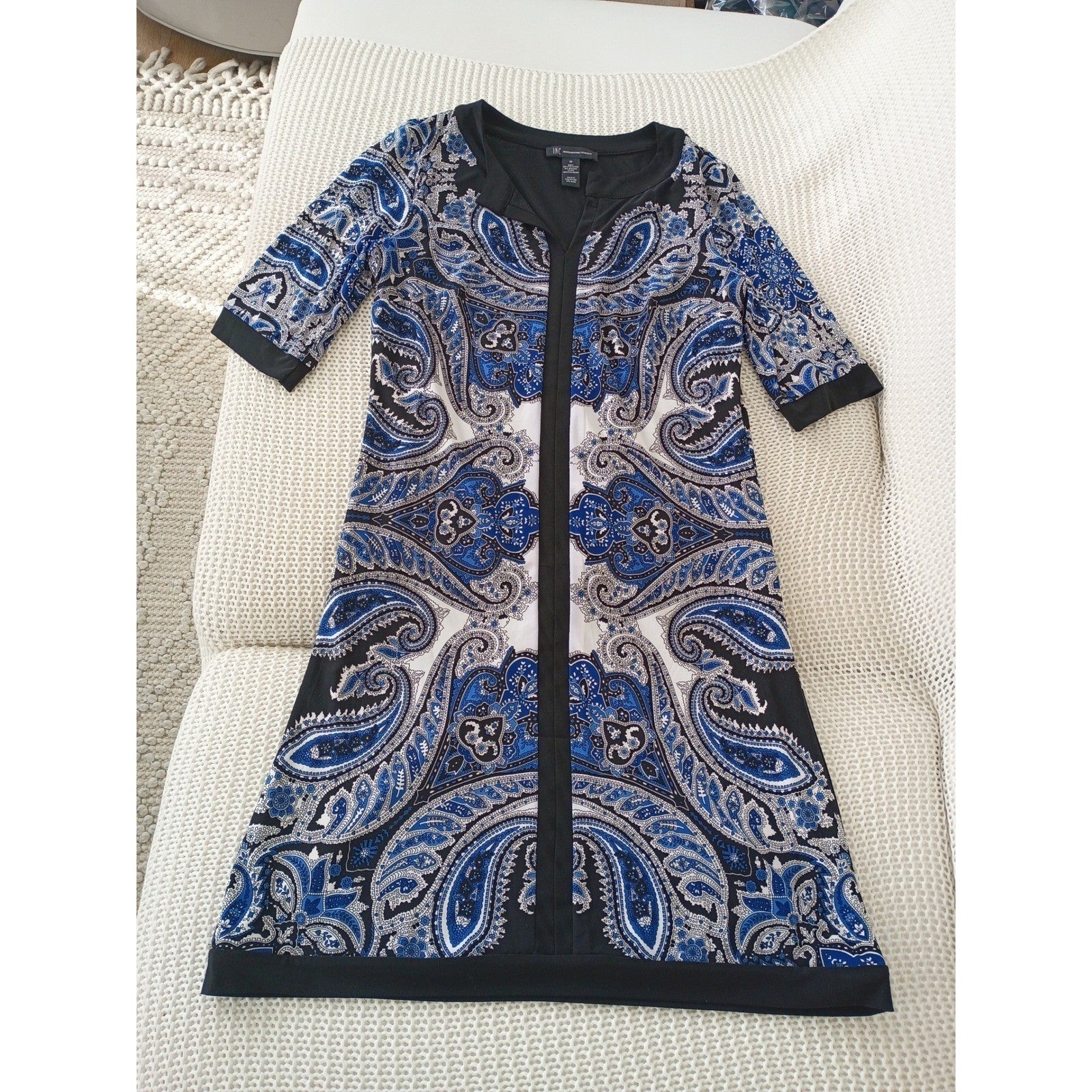 INC International Concepts Paisley Print Zipper Front Dress Womens M Blue Black