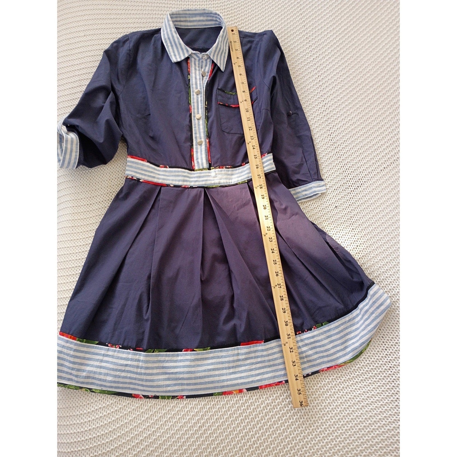 VTG Navy Blue Pleated Shirt Dress Striped Floral Trim Cowgirl Cottagecore