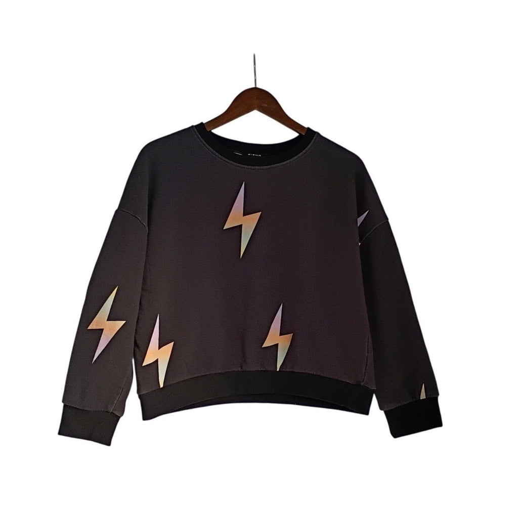 Storia Black Lightning Bolt Cropped Sweatshirt L 85% Cotton Retro Streetwear