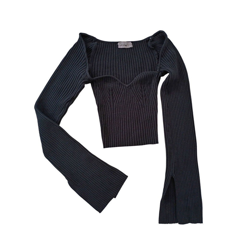 Urban Outfitters Black Ribbed Square Neck Long Sleeve Cropped Top XS