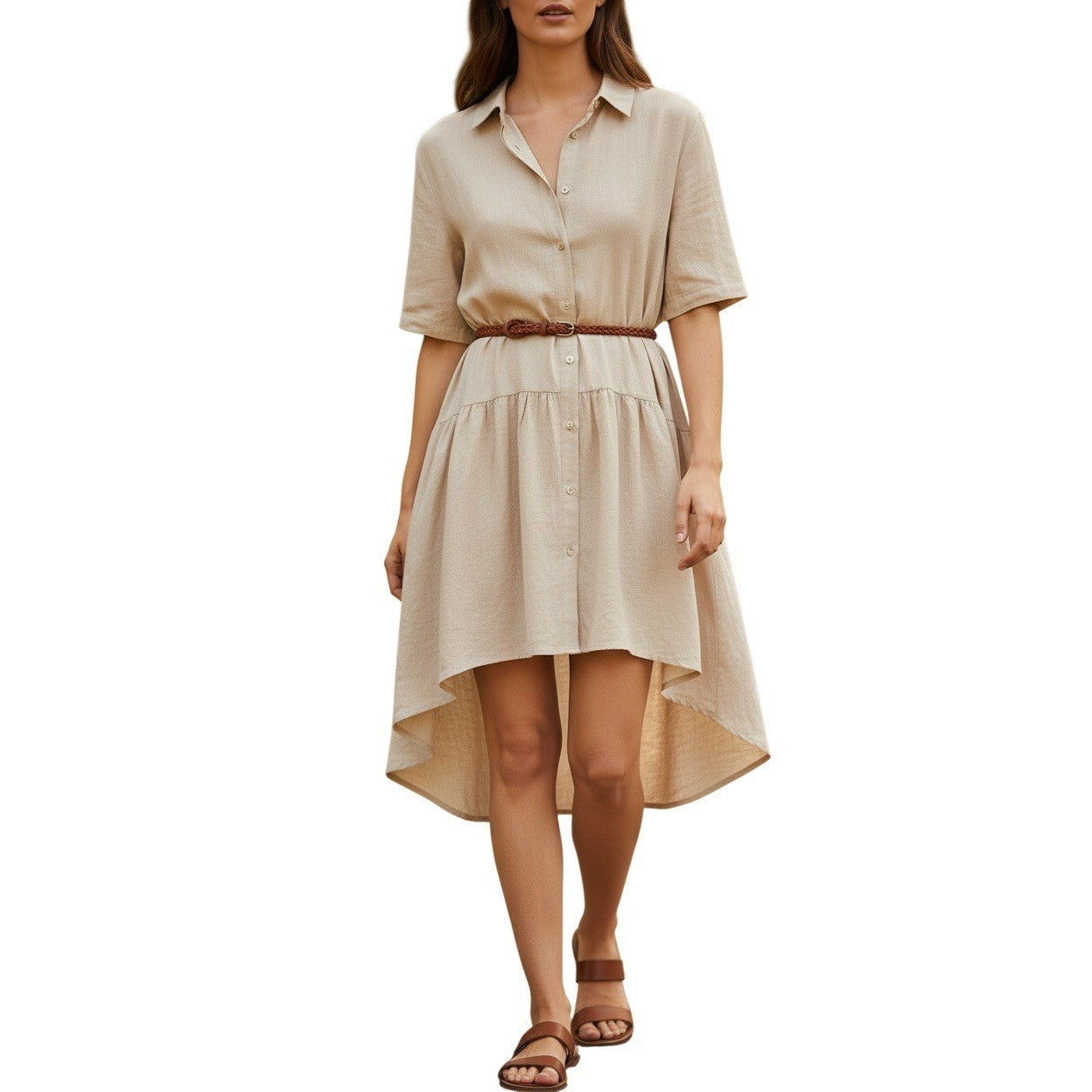 NWT RHEA Tan Tiered Babydoll Mini Dress L/XL Oversized Boho Viscose Short Sleeve