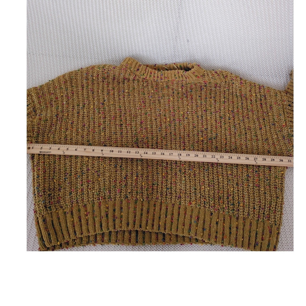 Easel Mustard Boho Eclectic Yellow Confetti Pom Pom Chunky Knit Crew Nck Sweater