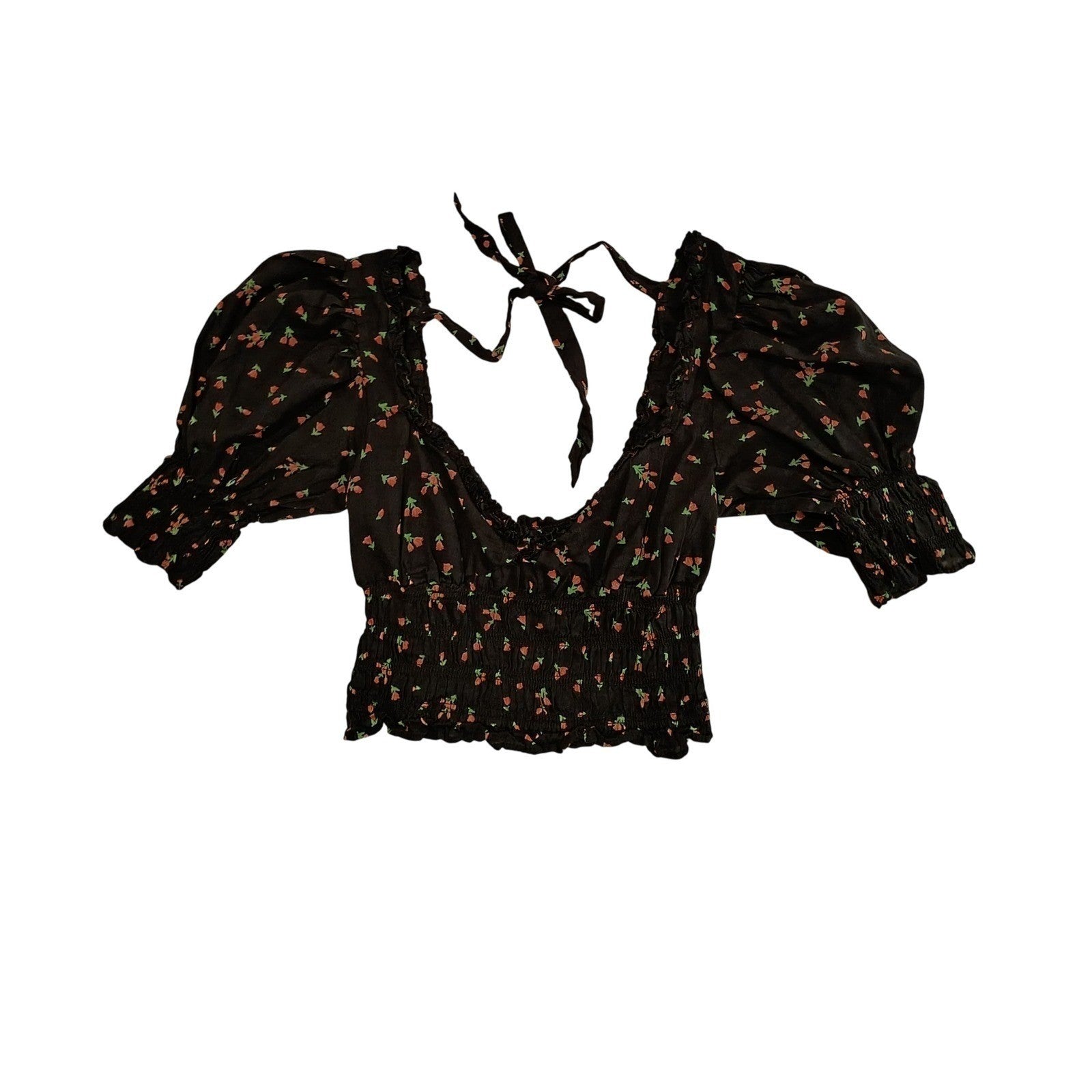 Urban Outfitters Navy Floral Puff Sleeve Smocked Top S Tie Back Coquette Boho