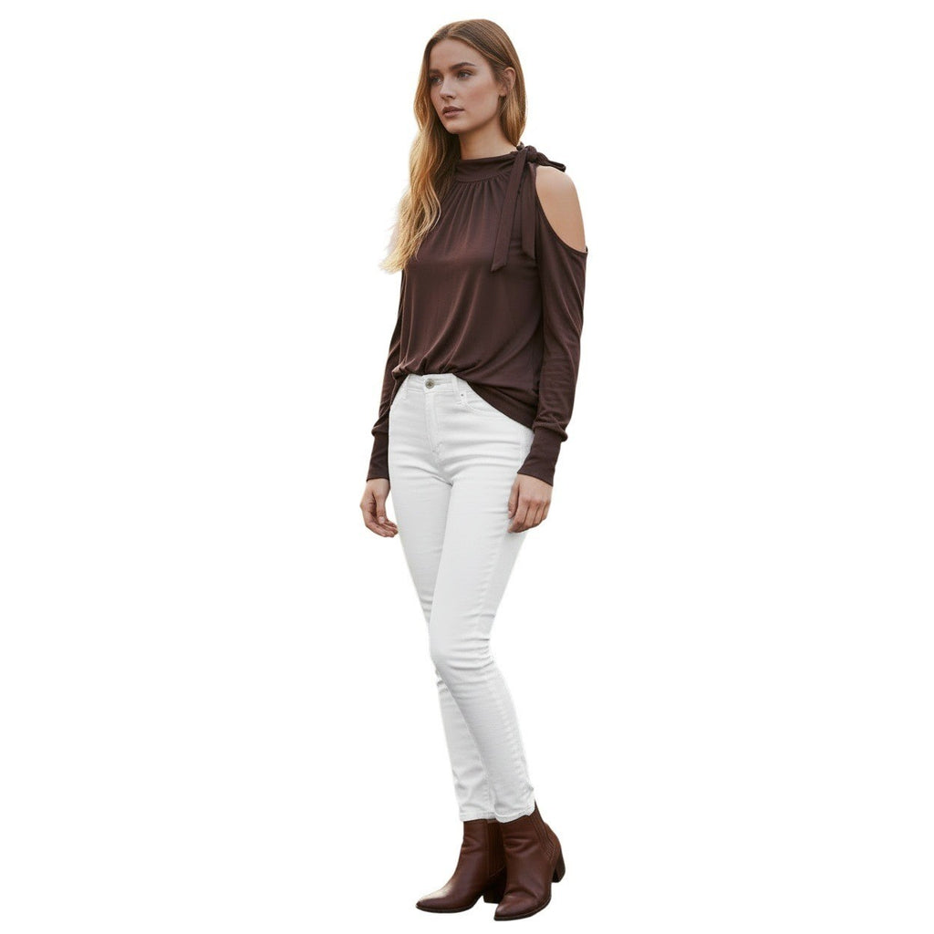 NWT ARDEN B. Y2K Chic Brown Halter Neck Tie Top Ruched Long Sleeve Fits S