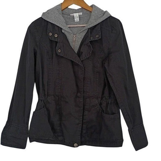 Style & Co 98% Cotton Utility Jacket Black Hooded Drawstring Effortless S