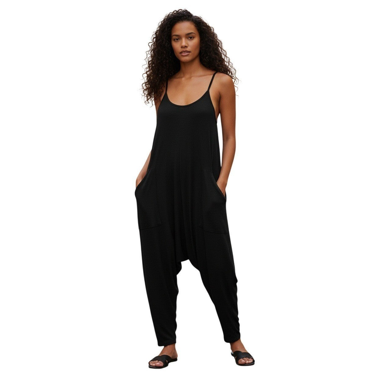 ANTISTAR Black Harem Jumpsuit Spaghetti Strap Boho Flowy Relaxed M