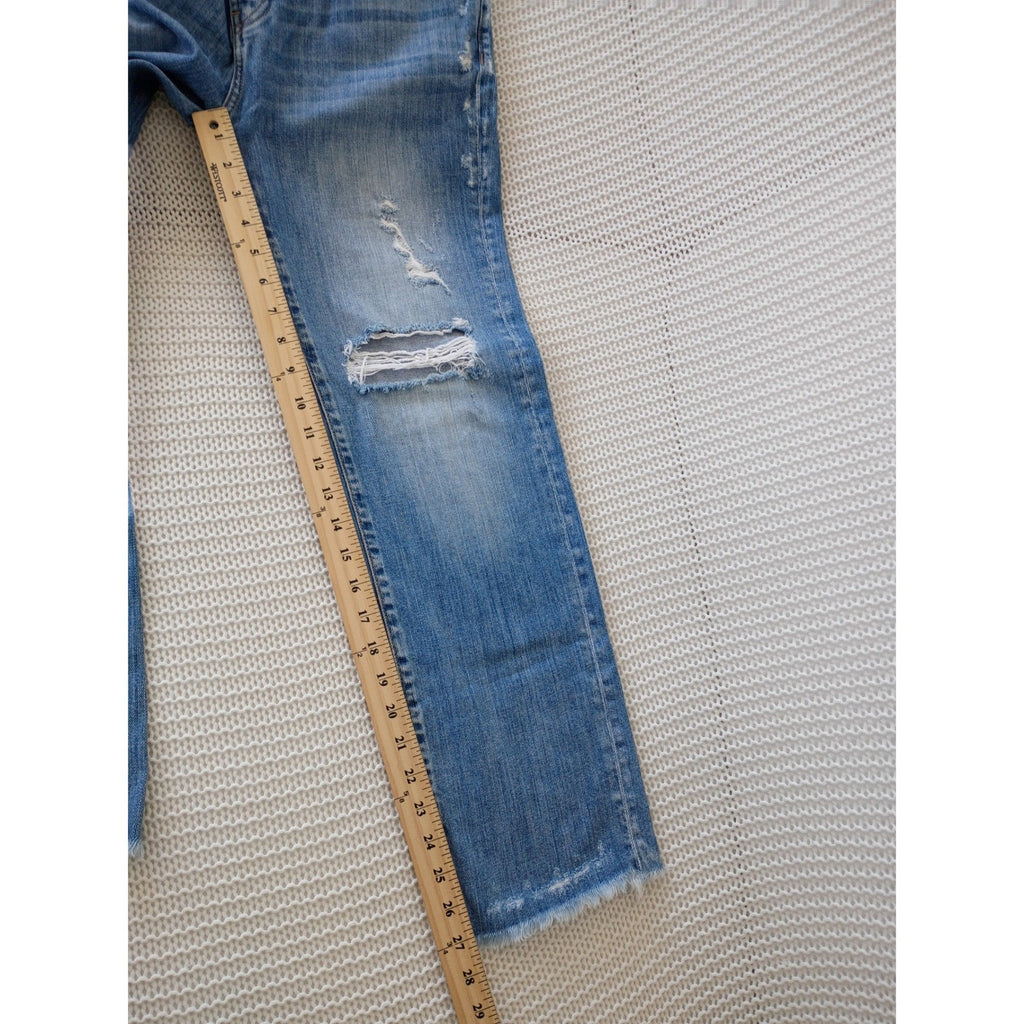 HYPEACH Distressed Boyfriend Jeans Blue Wash Straight Leg Frayed Hem 26/2x27