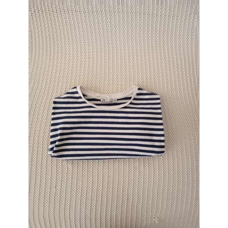 Zara Navy Blue White Striped Ruched Side T-Shirt Short Sleeve Women's Size S