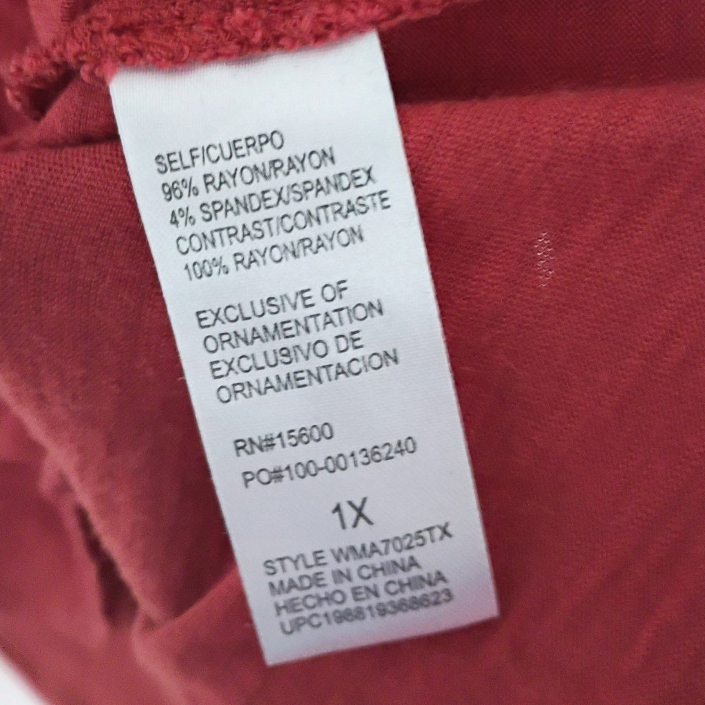 Democracy Red V Neck 3/4 Sleeve Button Front Textured Top Plus 1X XL Boho