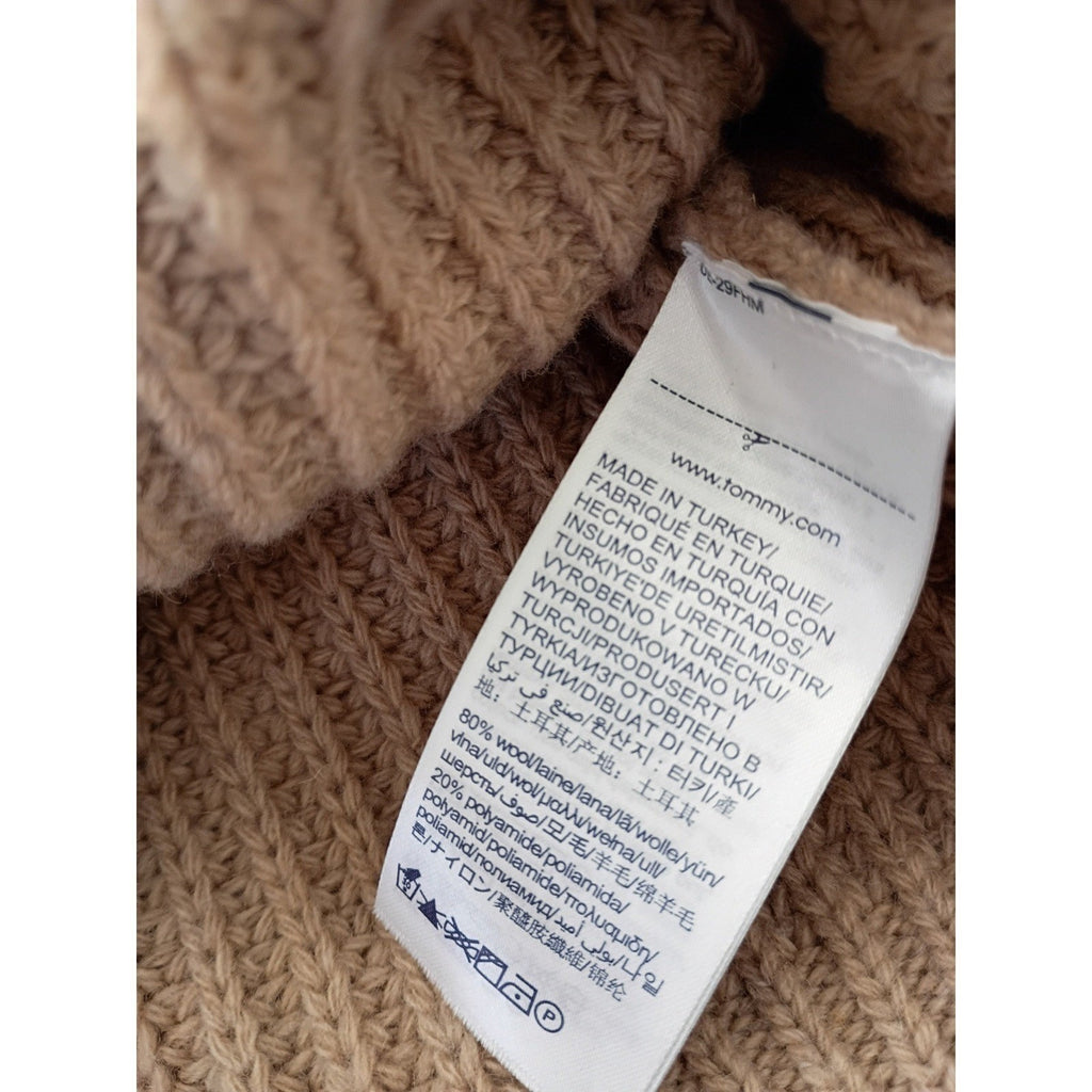 Tommy Hilfiger Elegant Camel Mock Neck Sweater 82% Lana Wool Ribbed Knit S Cozy