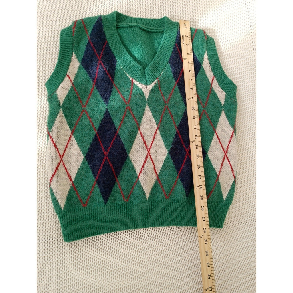 Vintage Argyle Sweater Vest Green Navy V-Neck Sleeveless Knit Preppy Academic