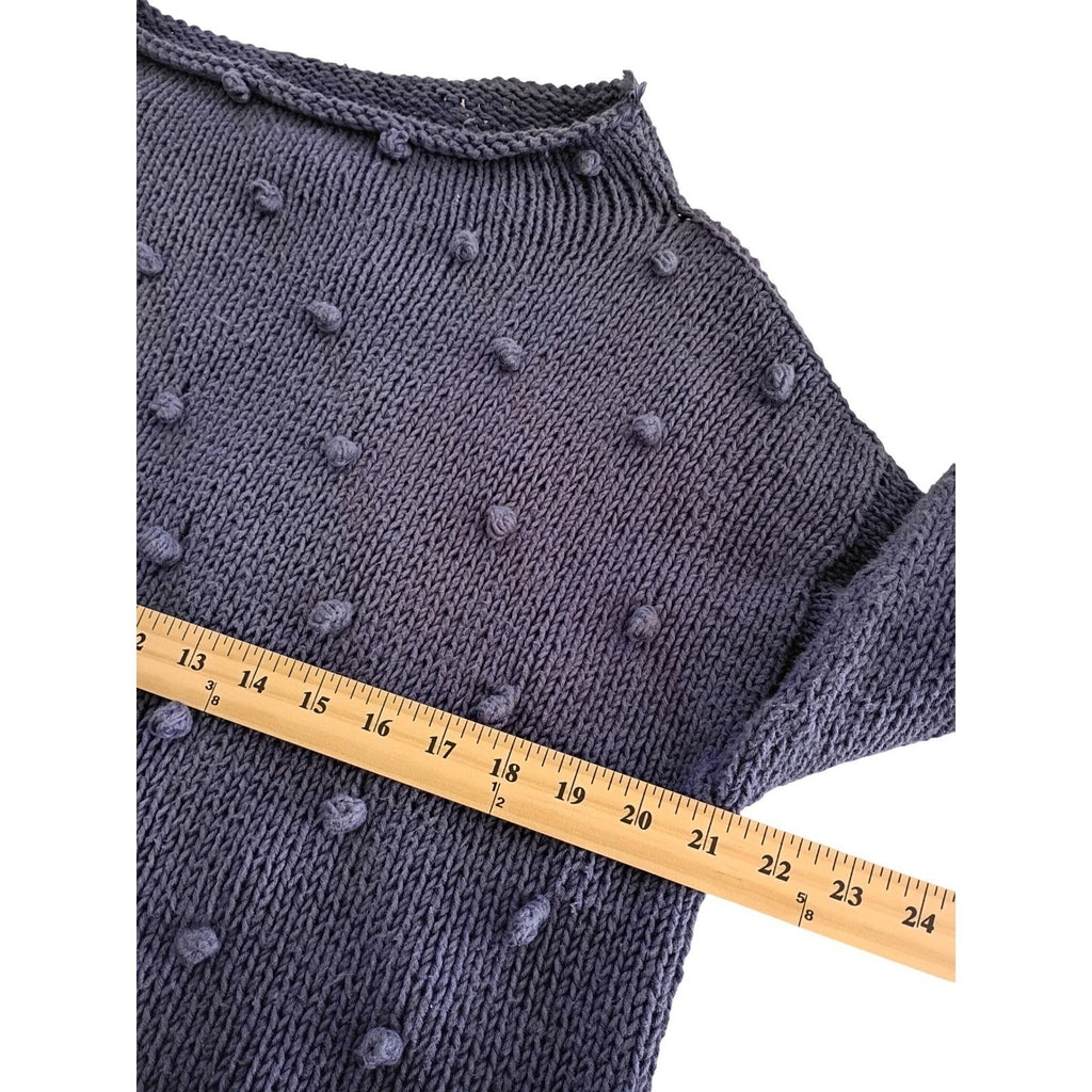 Pure Handknit Blue Cotton Bobble Sweater M/L Boat Neck Long Sleeve