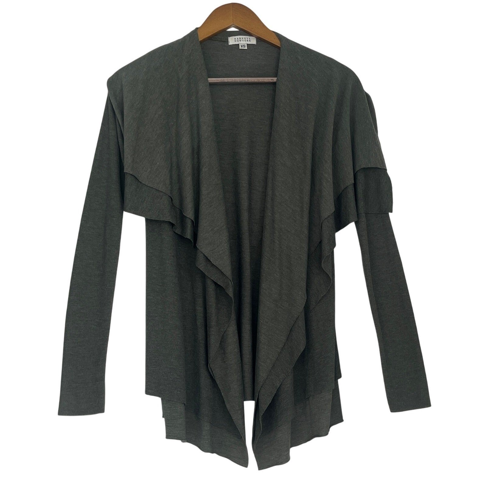 BARNEYS NEW YORK Draped Waterfall Cardigan Olive Green Ribbed Knit Fits S