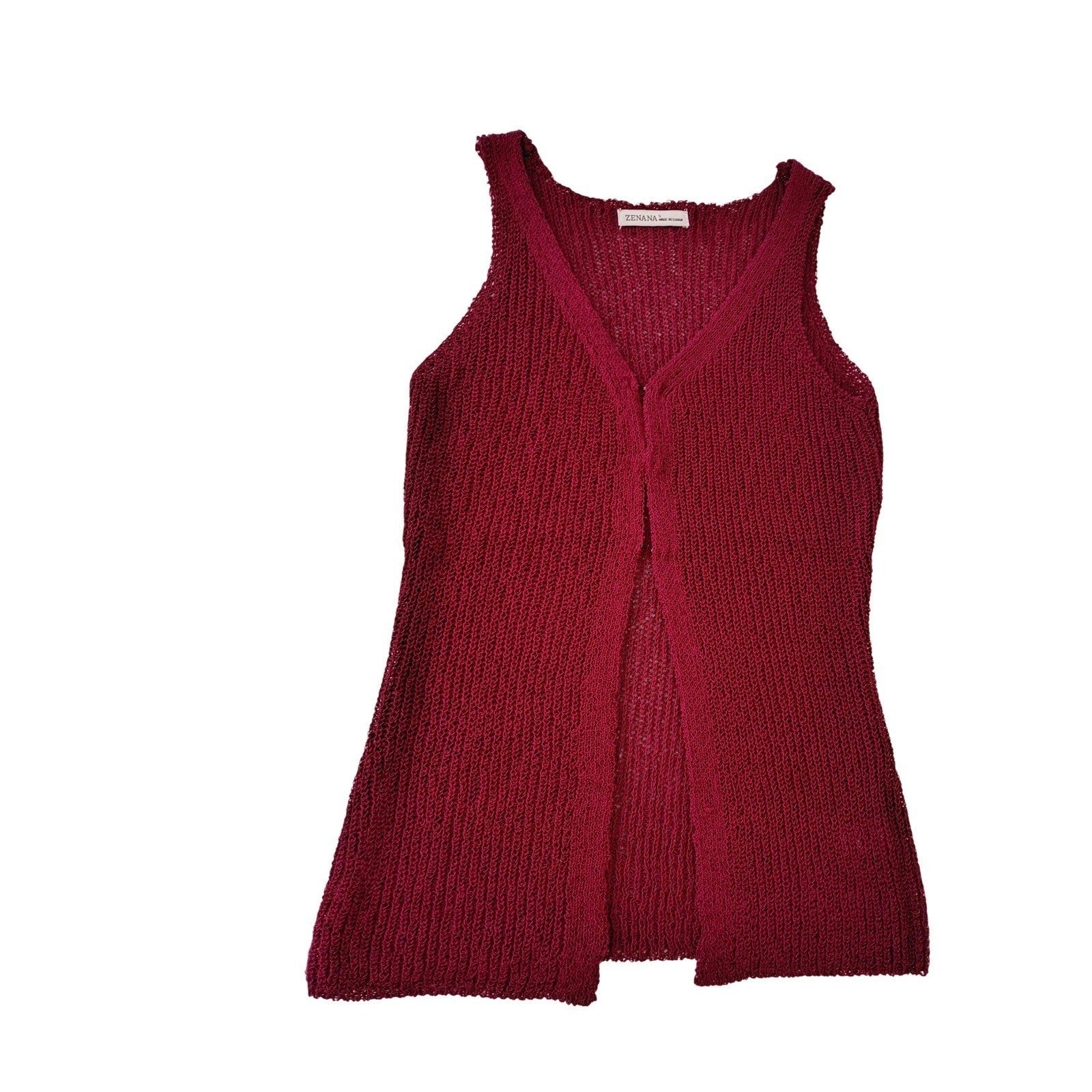 NWT Zenana Boho Festive Burgundy Open Knit V-Neck Sweater Vest Slveess Top S/M/L