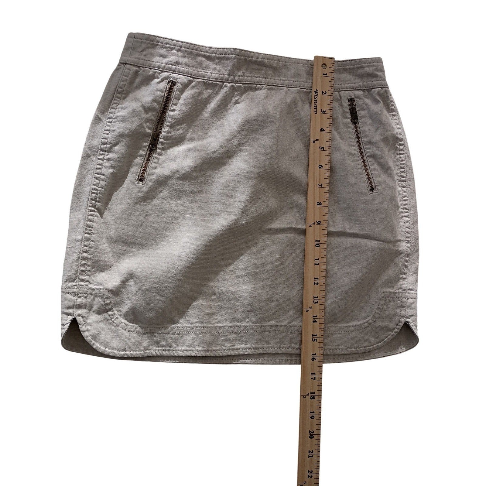 J Crew Canvas Mini Skirt Zip Front Pockets Khaki Tan Linen Blend Size 2 W26-27