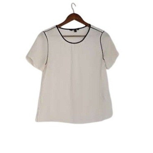 Banana Republic Ivory White Short Sleeve Blouse S Navy Blue Contrast Trim