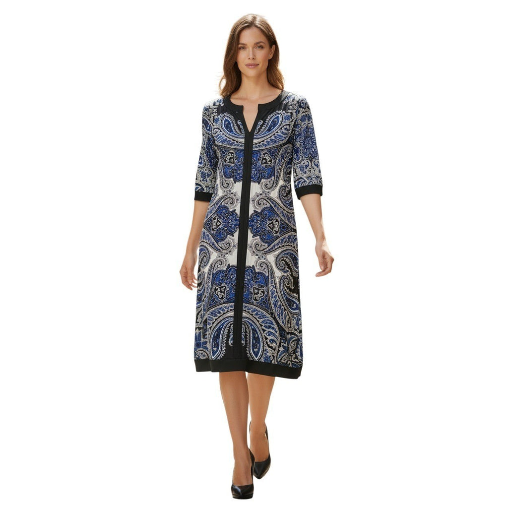INC International Concepts Paisley Print Zipper Front Dress Womens M Blue Black