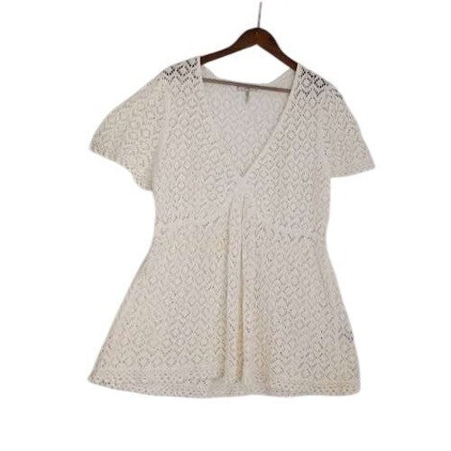 Metro 7  100% Cotton M/L White Crochet Knit Peplum V-Neck Top Short Sleeve