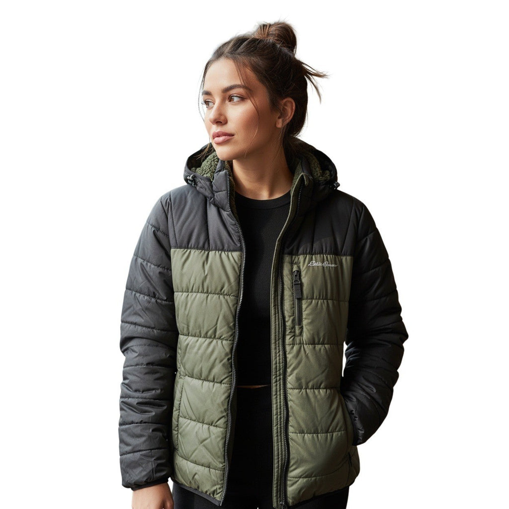 Eddie Bauer Reversible Camo Puffer Jacket Fleece Hooded Black Green Women's S