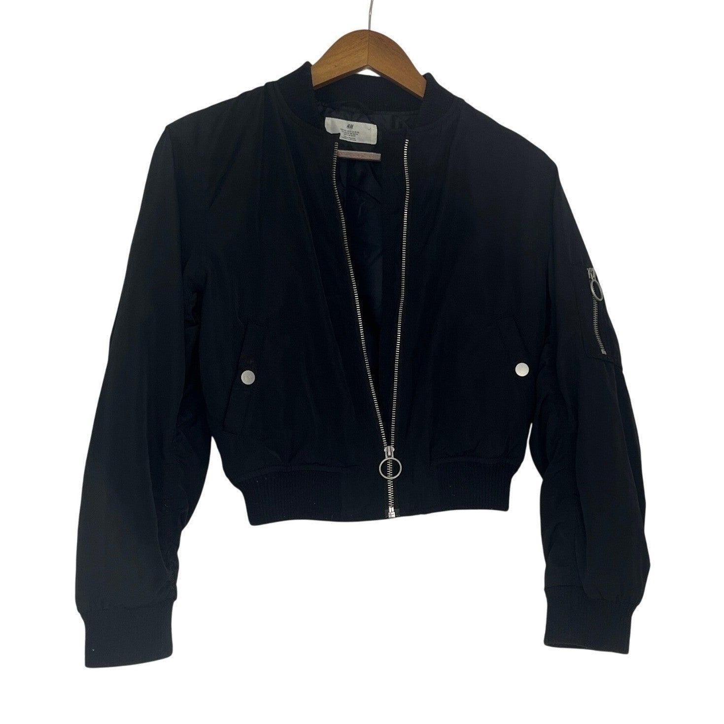 H M Black Bomber Jacket Full Zip Ring Detail Ribbed Cuffs Sz 10 11