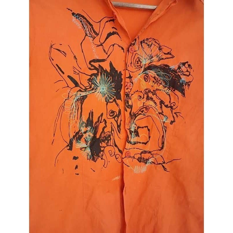 ARTISAN Orange Button-Front Shirt East Asian Inspired Floral Art Ink-Style S