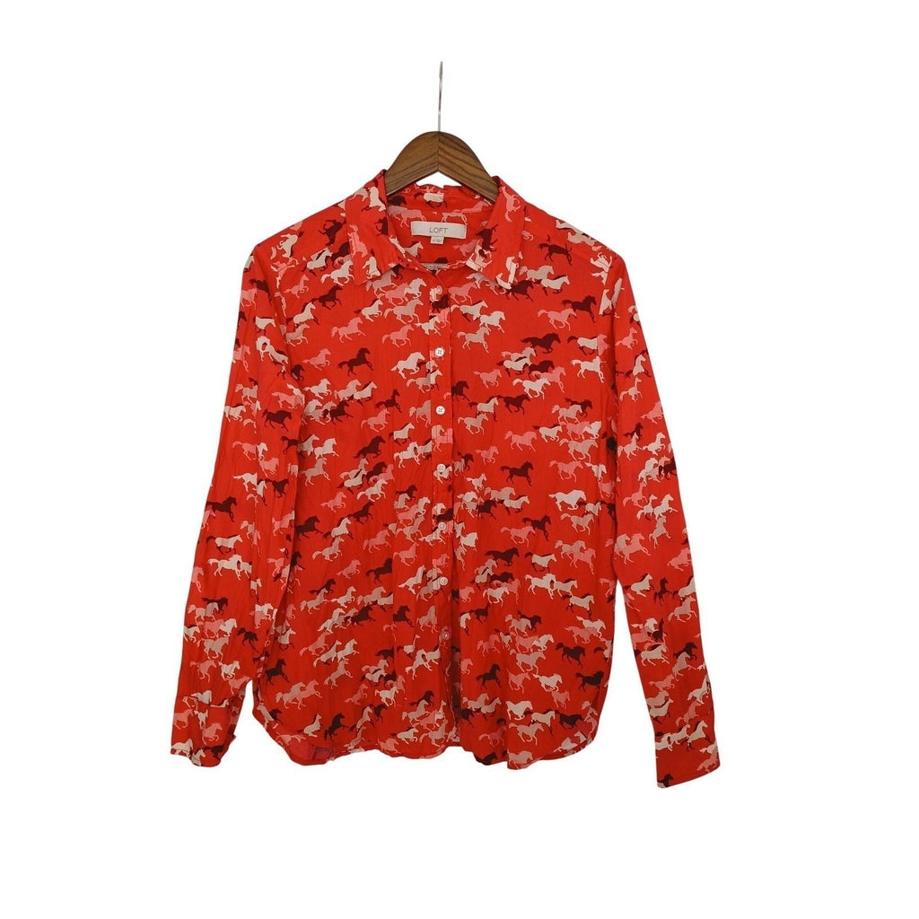 LOFT $60 Red Horse Equestrian Print Cotton Shirt Medium M Long Sleeve Preppy