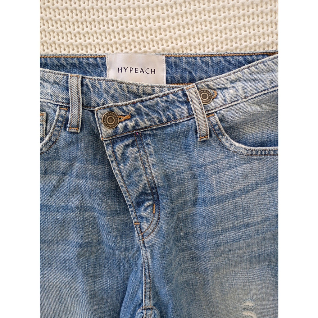 HYPEACH Distressed Boyfriend Jeans Blue Wash Straight Leg Frayed Hem 26/2x27