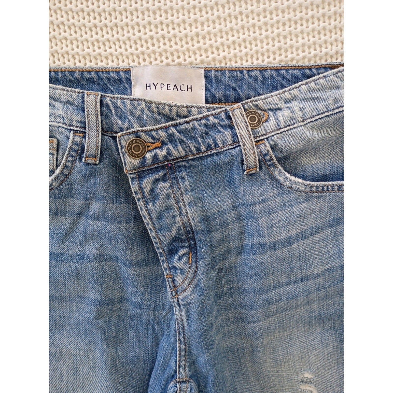 HYPEACH Distressed Boyfriend Jeans Blue Wash Straight Leg Frayed Hem 26/2x27