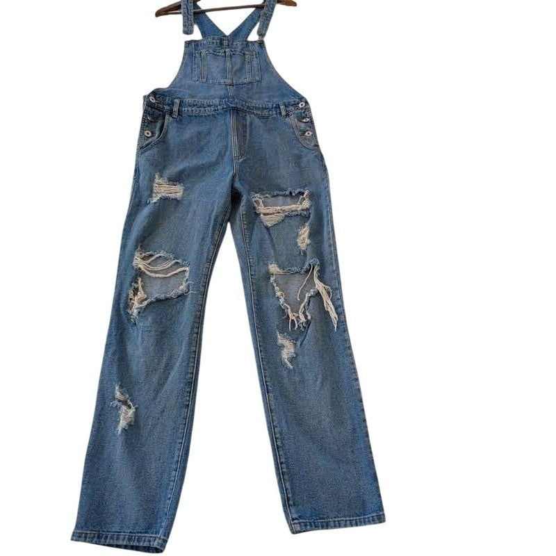 Honey Punch Blue Distressed Denim Overalls L Ripped Straight Leg Y2K Vintage Sty