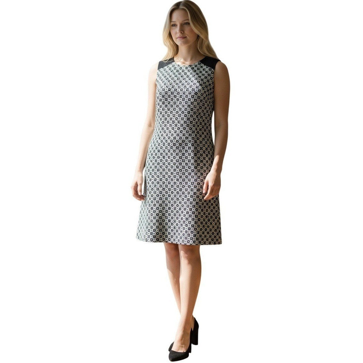 Calvin Klein Black White Geometric Sheath Midi Dress Sleeveless 12 Work Career