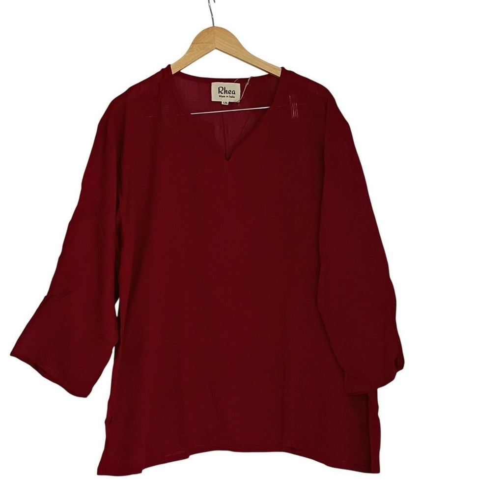 NWT Rhea India Burgundy Viscose Kurta Tunic Top  L/XL Boho V-Neck 3/4 Sleeve