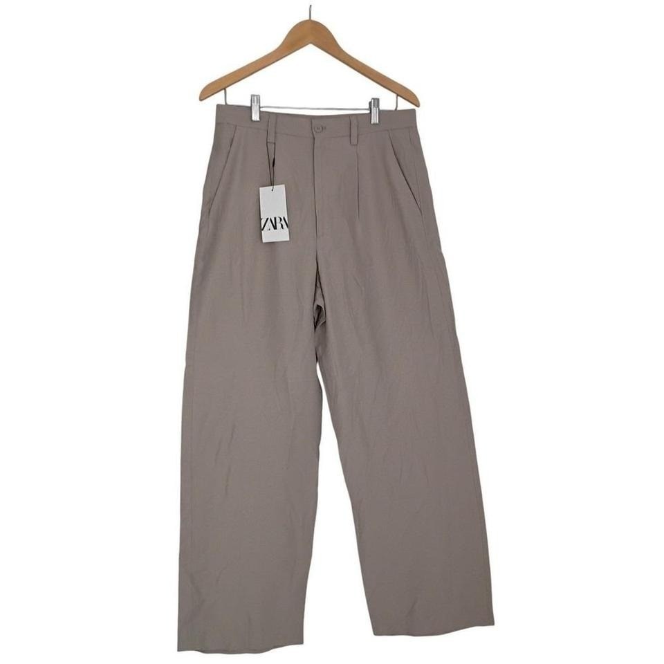 ZARA NWT Beige Linen Blend Wide Leg Trousers High Rise Button Fly 31 Minimalist