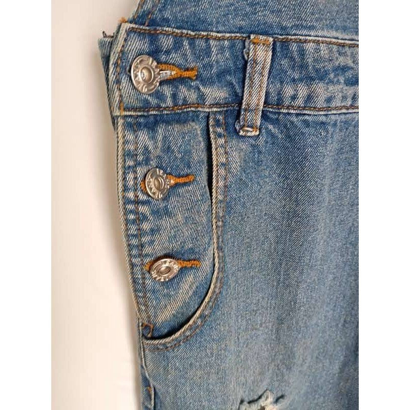 Honey Punch Blue Distressed Denim Overalls L Ripped Straight Leg Y2K Vintage Sty