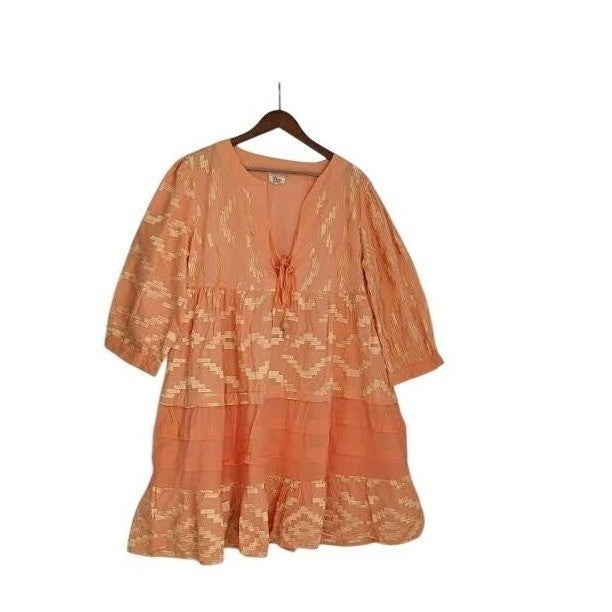 NWT RHEA Peach Gold Metallic Ikat Boho Tiered 100% Cotton Mini Dress L XL V-Neck