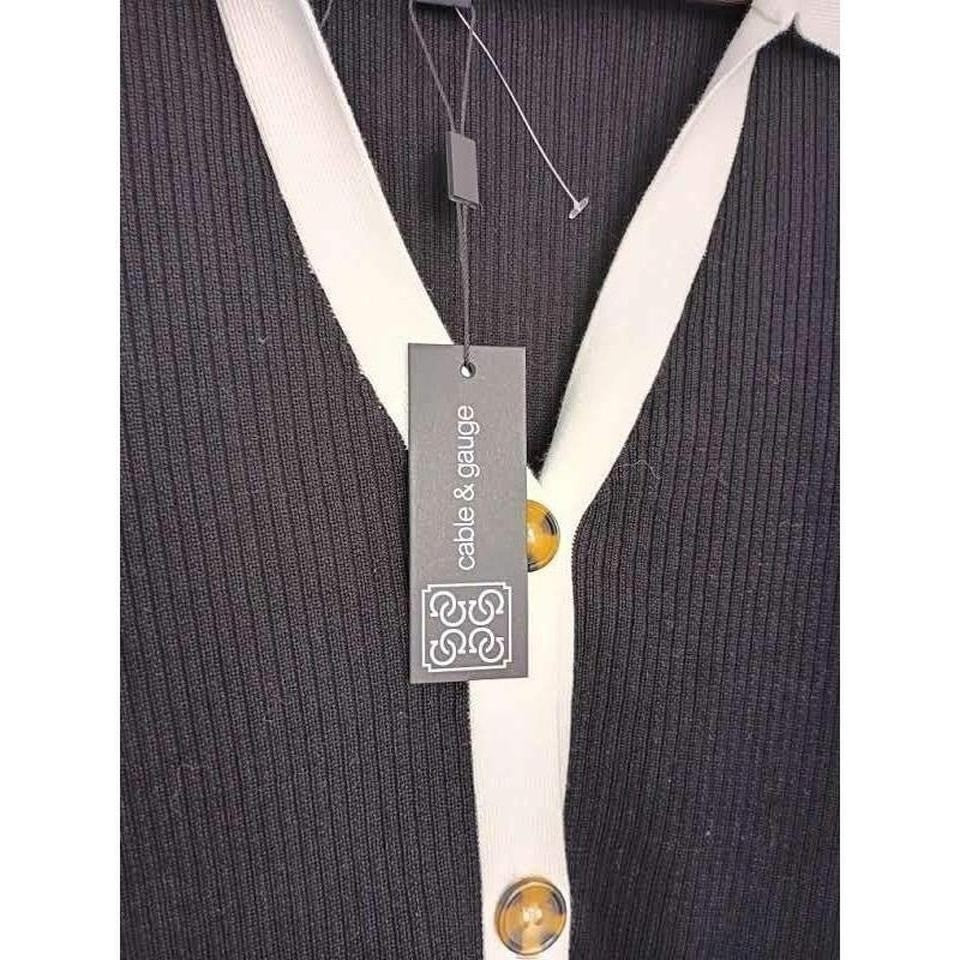 NWT Cable & Gauge Classic Black White Trim Collared Knit Cardigan Button Front M