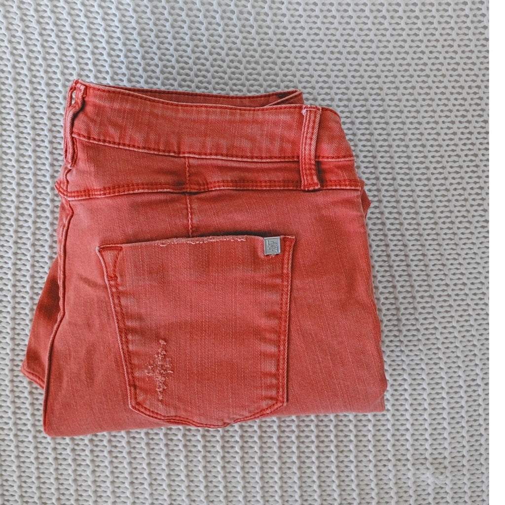 Bebe Heartbreaker Skinny Jeans 29x28 Coral Ornge Distressed Shredded Y2K McBling